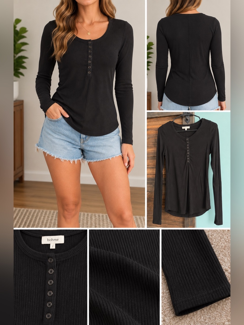 bohme Black Ribbed Long-Sleeve Henley Top